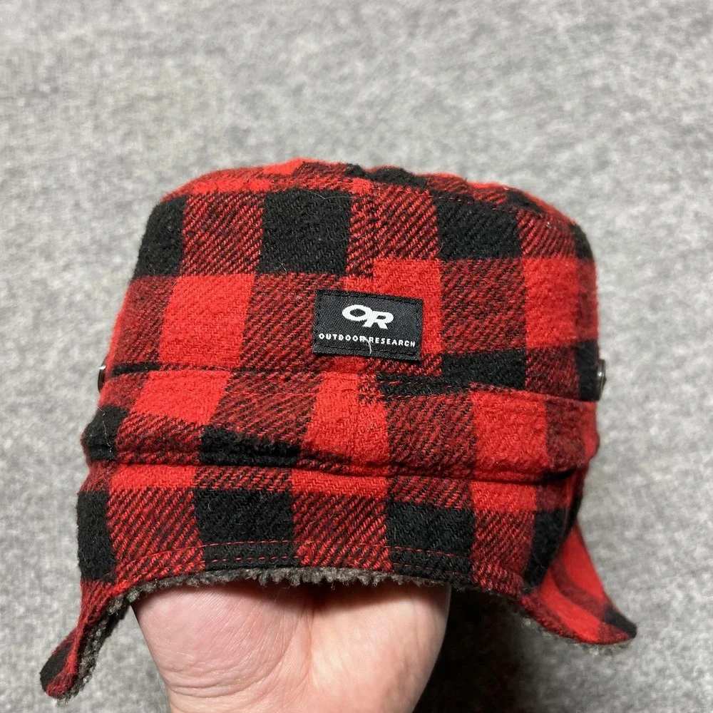 Outdoor Research Hat Army Cap Fitted Mens Large Red Plaid Ear Flap Fleece Winter